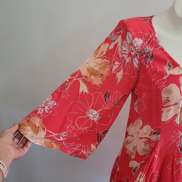 Free People All Eyes On You Floral Mini Swing Dress 4 Coral 3/4 Bell Sleeve - Picture 4 of 16
